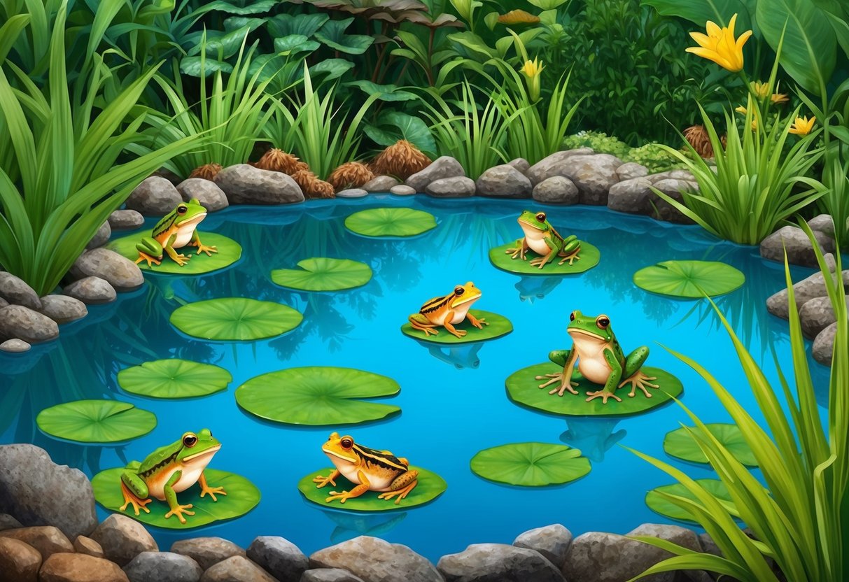 A pond surrounded by lush vegetation, with frogs and toads sitting on lily pads and croaking among the reeds