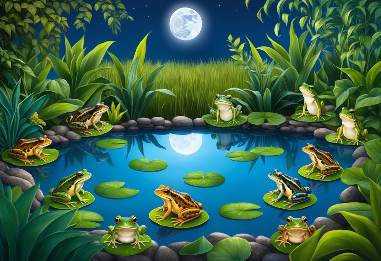A pond surrounded by lush vegetation, with frogs and toads sitting on lily pads and croaking in the moonlight