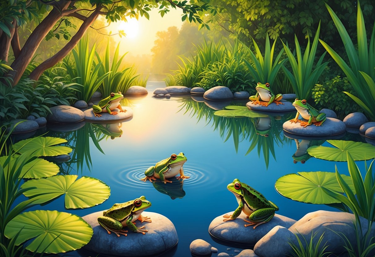A pond surrounded by lush vegetation, with frogs and toads sitting on lily pads and rocks, under the warm glow of the sun