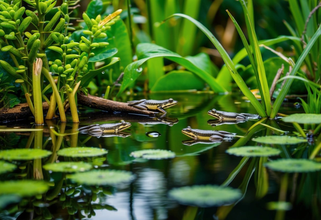 A pond surrounded by lush vegetation, with tadpoles swimming among aquatic plants and frog eggs attached to submerged branches