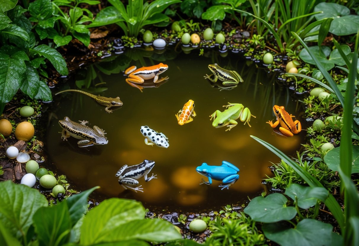 A pond surrounded by lush vegetation with various amphibian eggs, tadpoles, and adult frogs in different developmental stages
