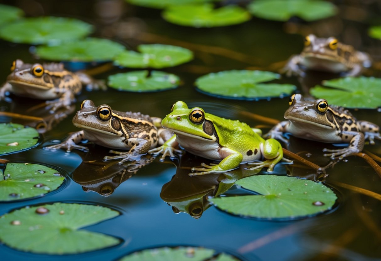 A pond teeming with frogs, some healthy and active, others lethargic and sickly. Parasites visible on the skin and in the water