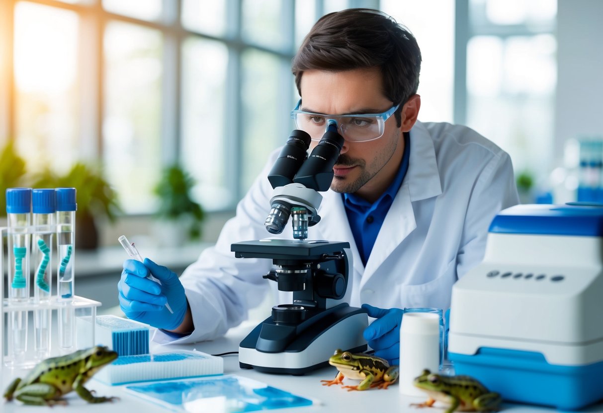 A scientist examines a DNA sequence of a frog under a microscope, surrounded by genetic research equipment and amphibian specimens
