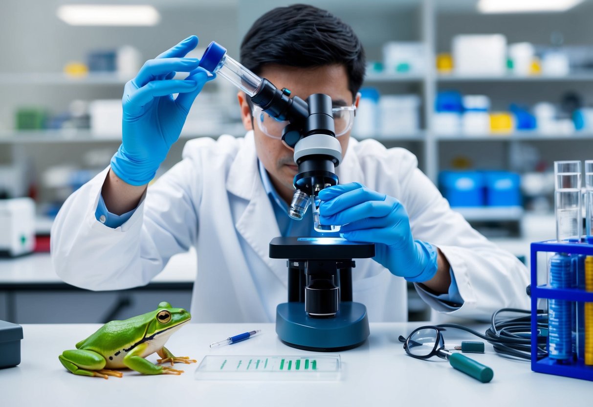 A scientist examines a frog DNA sample under a microscope in a laboratory filled with genetic research equipment