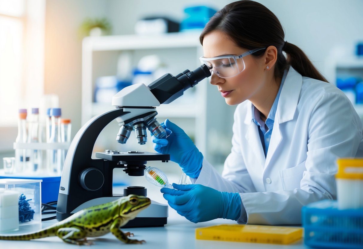 A scientist examines amphibian DNA under a microscope in a lab filled with genetic research equipment