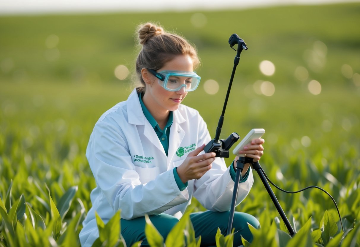 A scientist in a field, using high-tech equipment to track frog populations