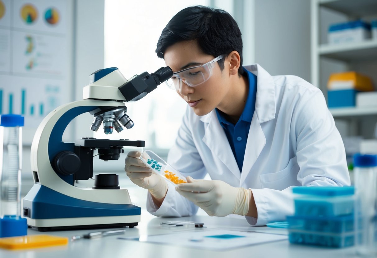 A scientist in a lab examines a petri dish containing amphibian DNA samples under a microscope, surrounded by scientific equipment and charts