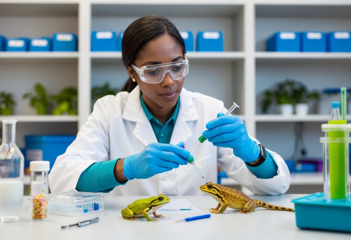A scientist uses genetic tools to study amphibian genetics in a laboratory setting