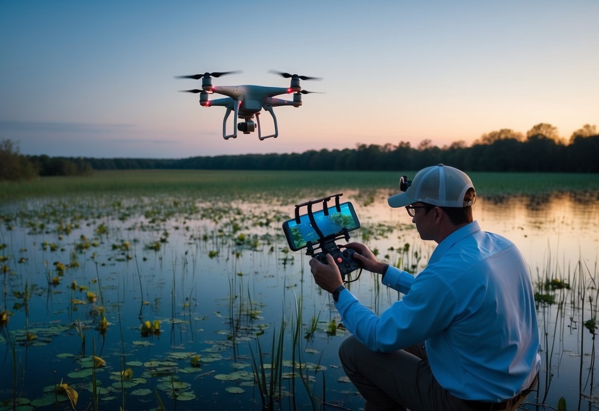A scientist using drones to monitor frog habitats in a dense, marshy wetland at dusk