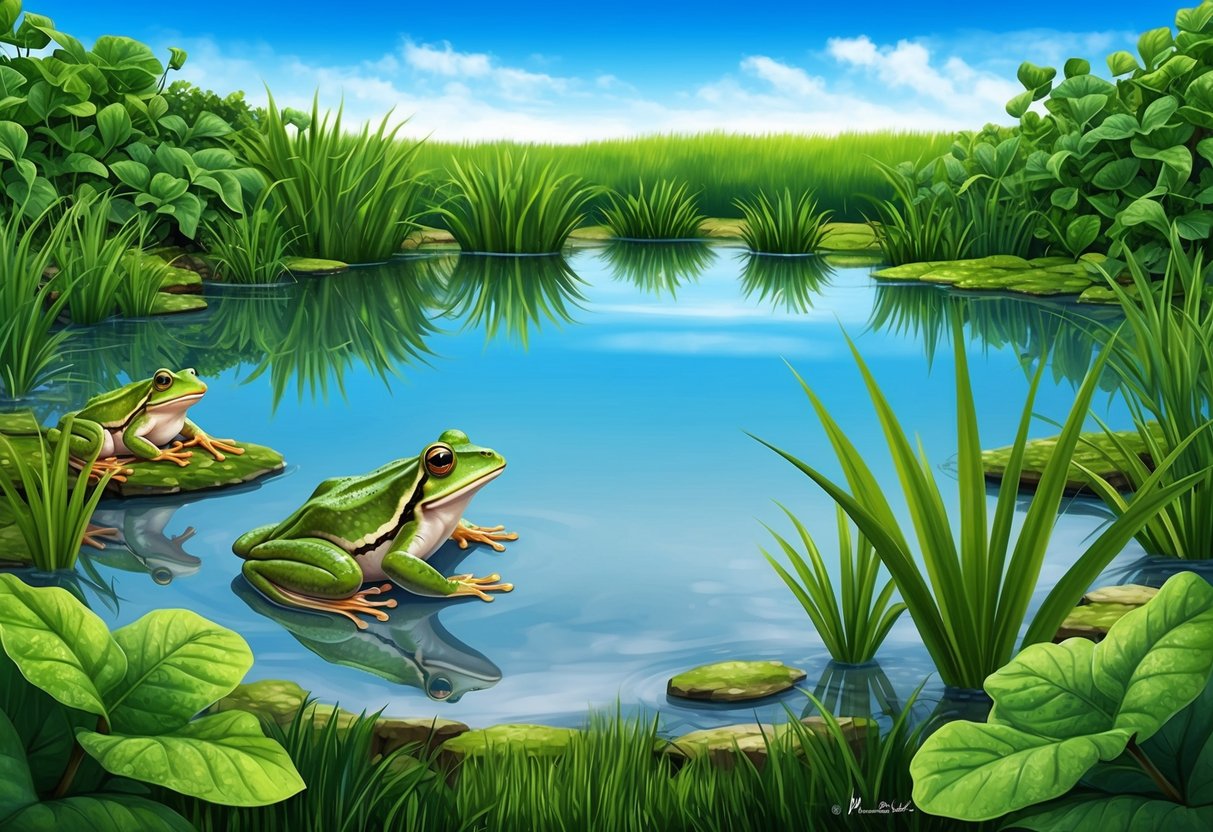 A serene frog pond surrounded by lush green vegetation, with clear, pristine water reflecting the blue sky above