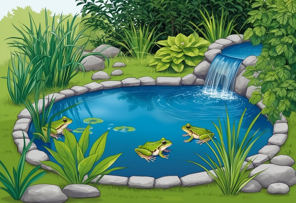 A serene frog pond surrounded by lush vegetation, with clear, clean water and healthy aquatic plants. A small waterfall adds oxygen and movement to the water