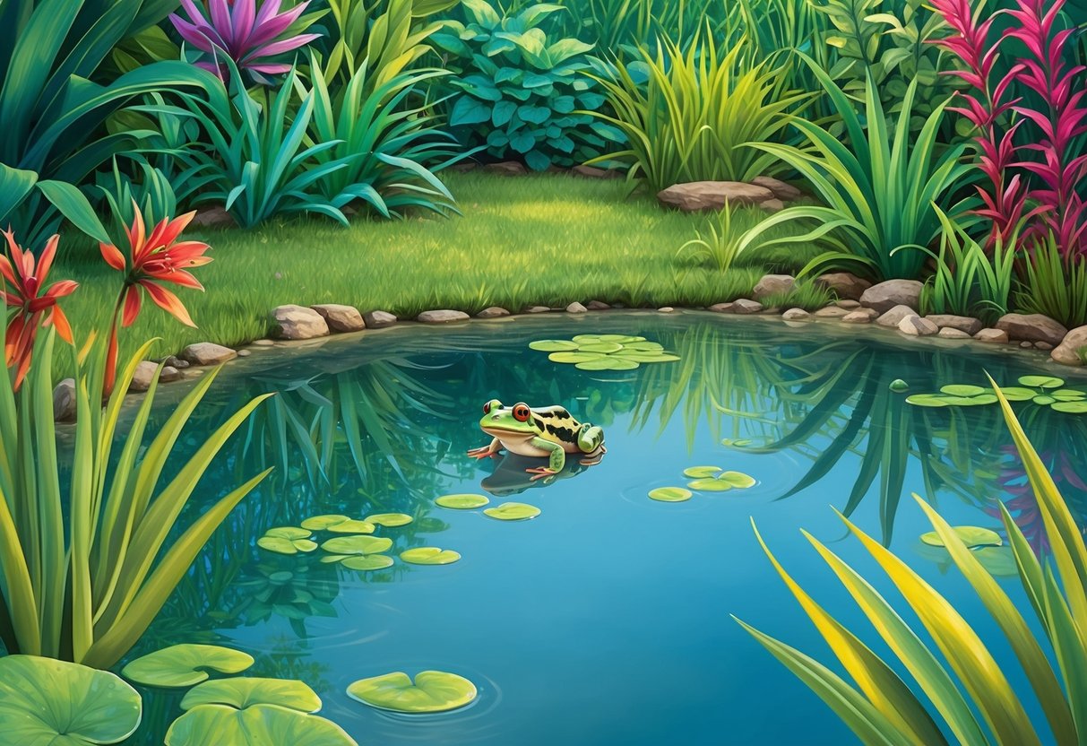 A serene frog pond surrounded by lush vegetation, with clear, clean water reflecting the vibrant colors of the surrounding flora