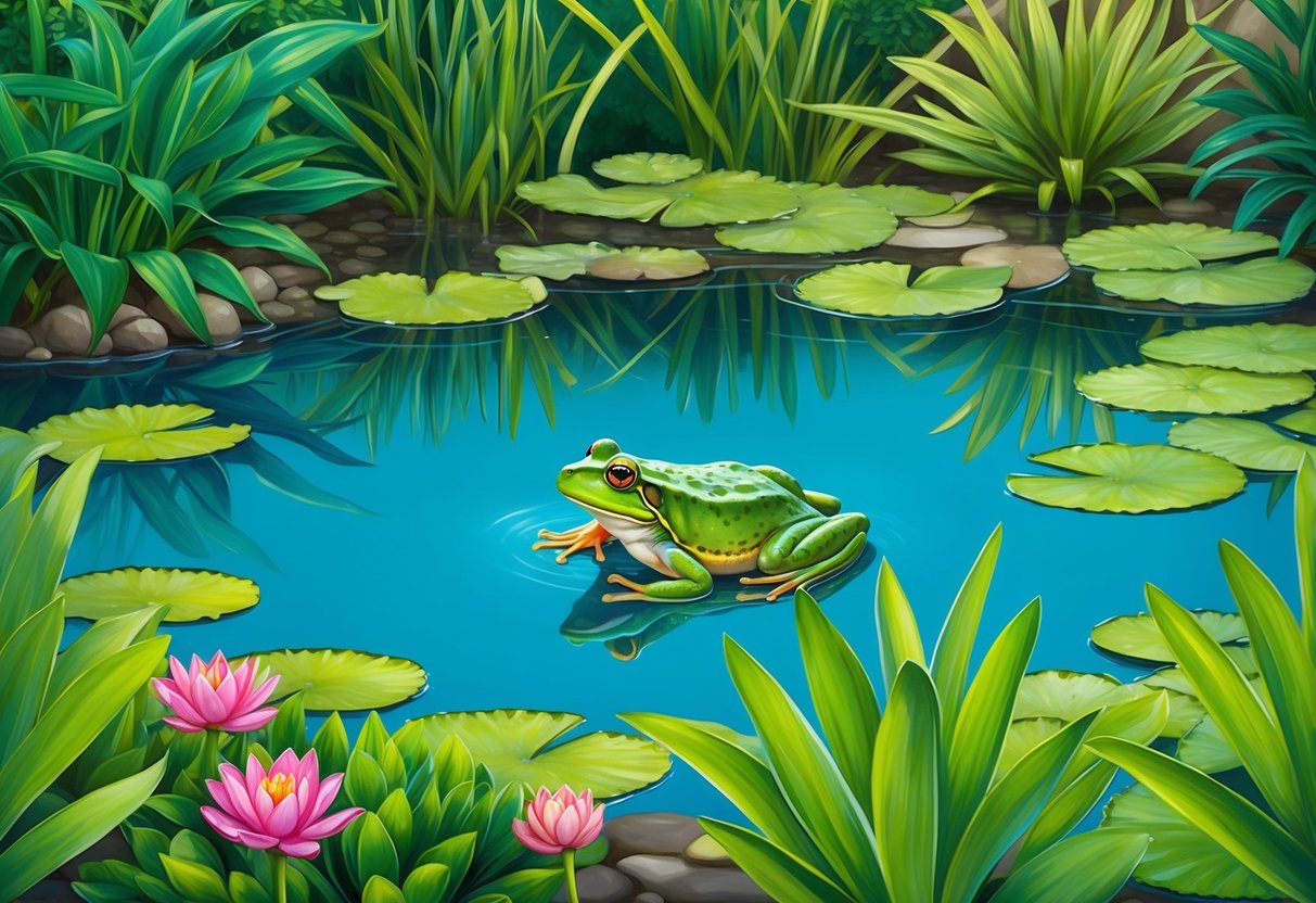 A serene frog pond with clear, clean water surrounded by lush green vegetation and vibrant water lilies