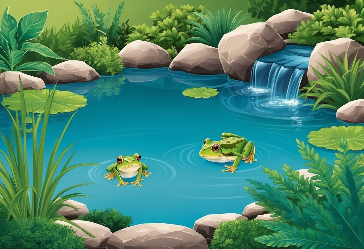 A serene frog pond with clear, clean water surrounded by lush vegetation and rocks, with a gentle stream or waterfall providing fresh, oxygenated water