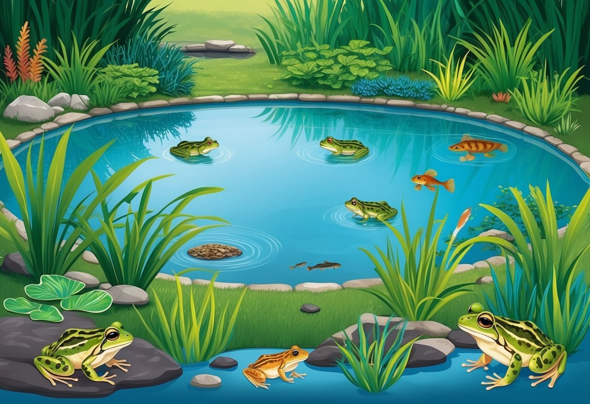A serene frog pond with clear water, surrounded by lush vegetation and diverse aquatic life, showcasing the importance of water quality in a pond ecosystem