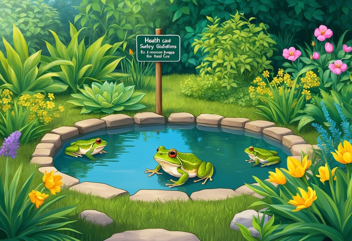 A serene garden frog pond, surrounded by lush greenery and vibrant flowers, with a small sign indicating health and safety guidelines for seasonal care