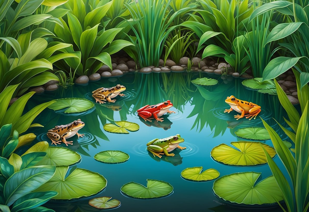 A serene pond surrounded by lush green plants, with colorful frogs hopping among the leaves and lily pads