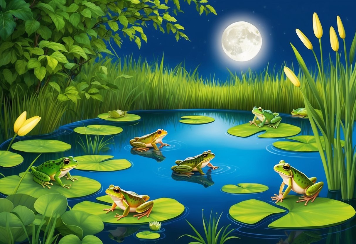 A serene pond surrounded by lush greenery, with frogs and toads hopping among the lily pads and reeds. The moonlight illuminates the scene, adding an air of mystery and enchantment