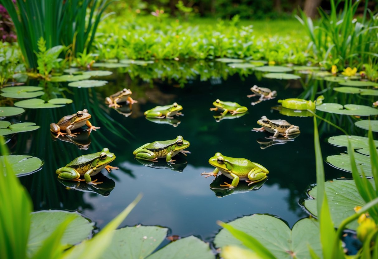 A serene pond surrounded by lush greenery, with frogs and toads in various poses and activities, capturing the essence of their natural habitat
