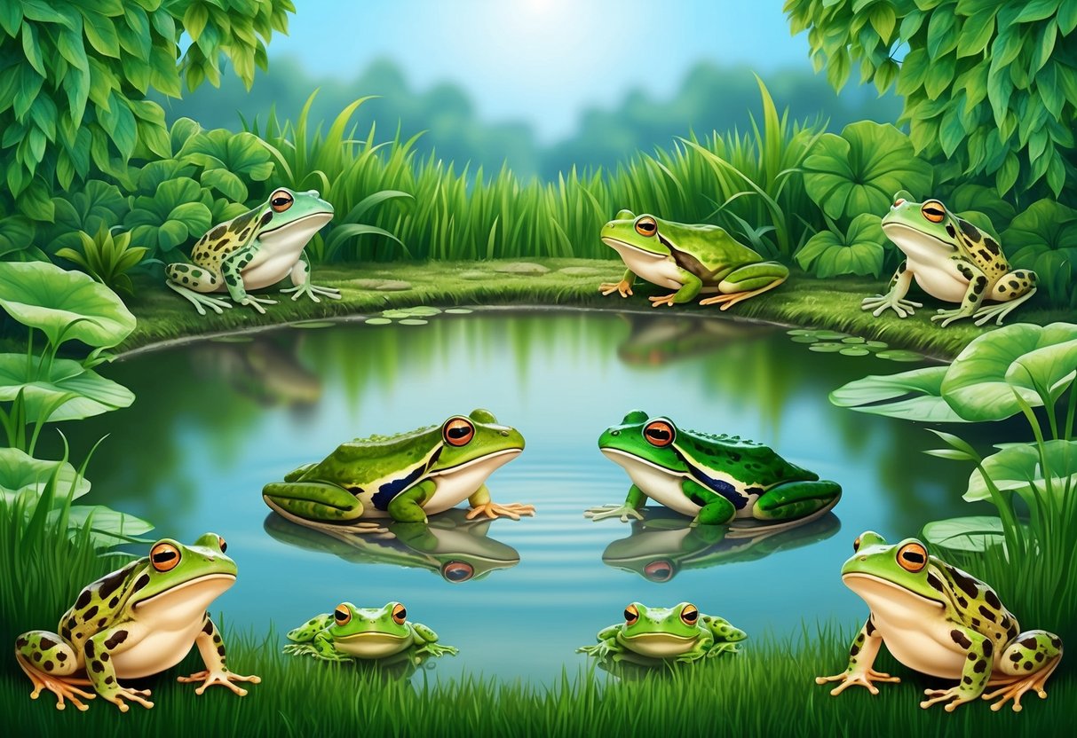 A serene pond surrounded by lush greenery, with frogs and toads peacefully coexisting, symbolizing spiritual harmony and transformation