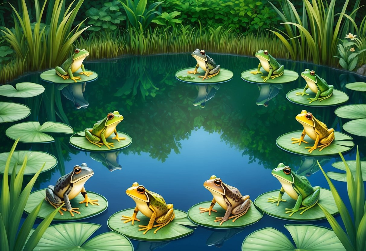 A serene pond surrounded by lush vegetation, with frogs and toads sitting on lily pads and croaking in unison