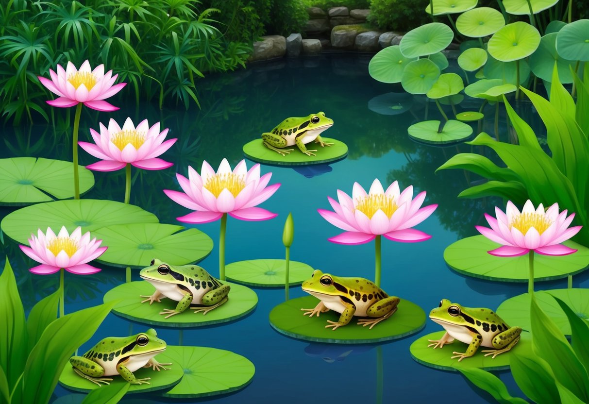 A serene pond with lotus flowers, surrounded by lush greenery. Toads and frogs sit on lily pads, symbolizing good fortune in Chinese culture