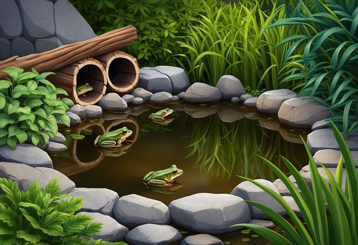 A small pond surrounded by rocks and plants, with hollow logs and dense foliage providing hiding spots for frogs