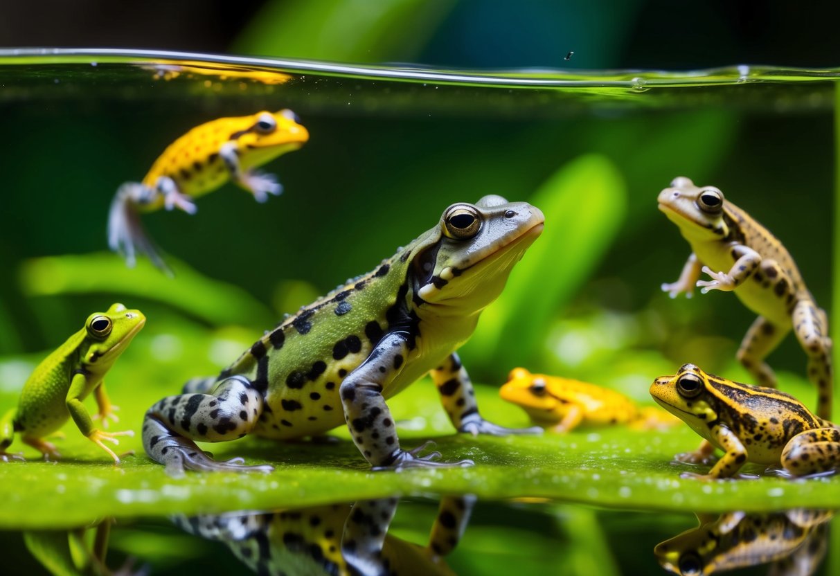 A tadpole transforming into a frog, surrounded by various stages of amphibian development in a natural aquatic environment