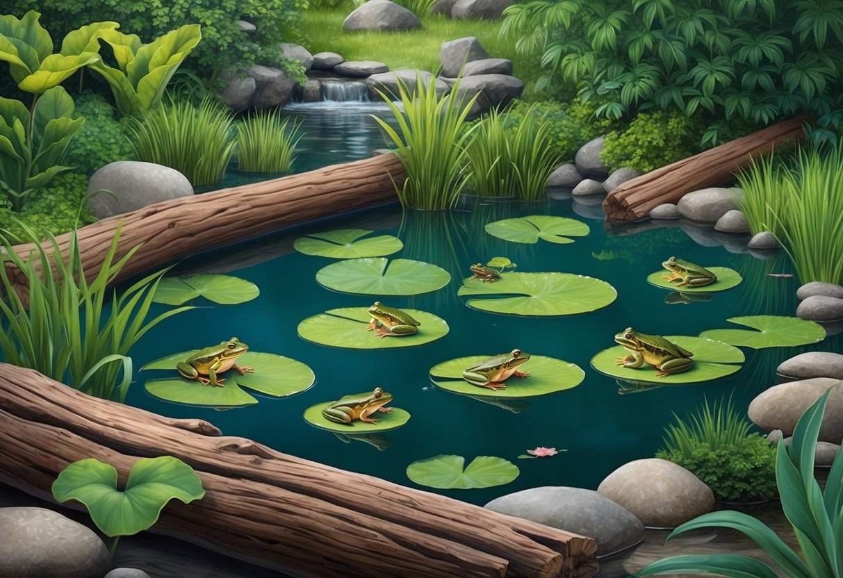A tranquil pond surrounded by lush vegetation, rocks, and fallen logs. Frogs bask on lily pads, while hiding spots and shallow water provide safety and comfort