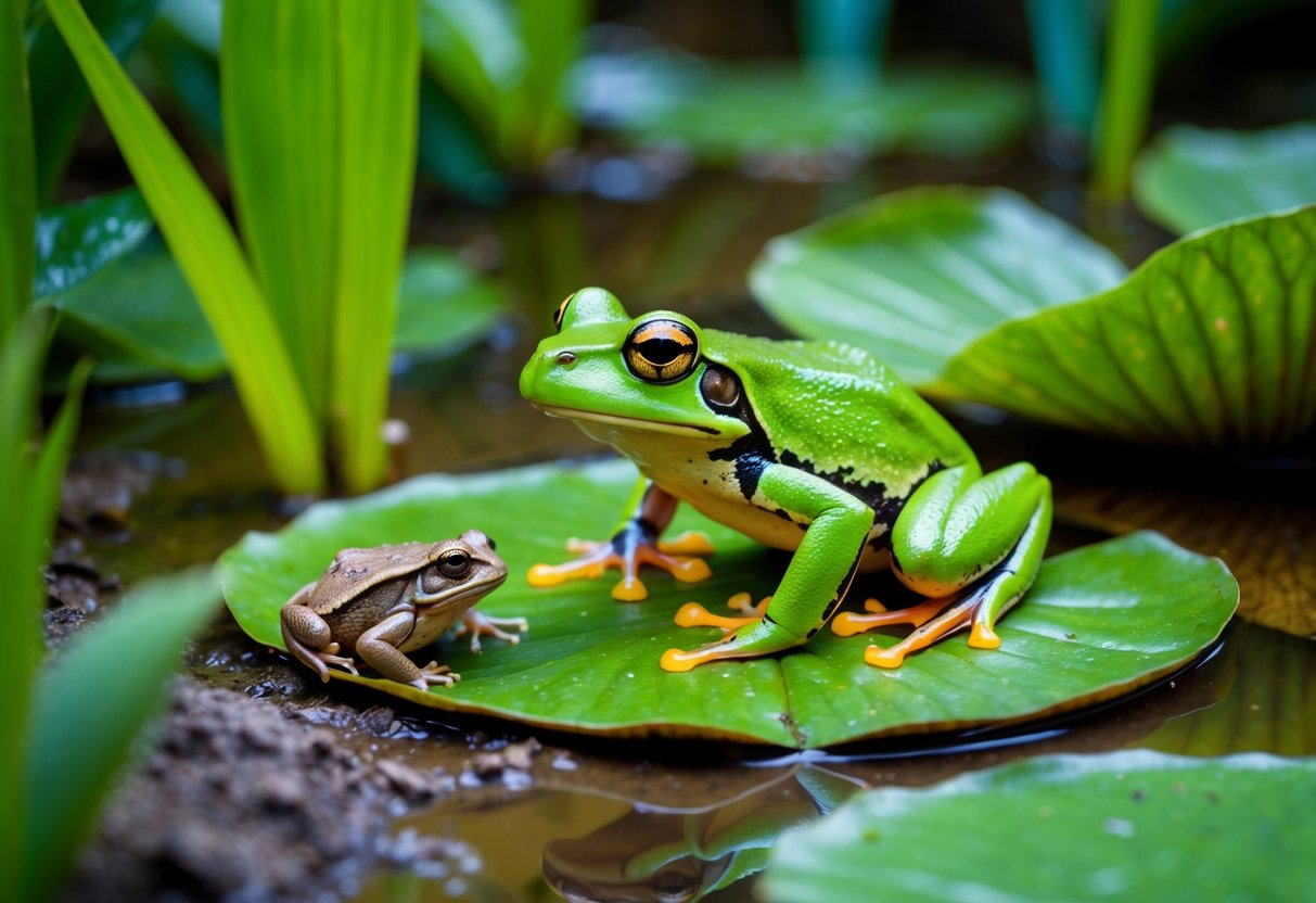 A vibrant green frog perched on a lily pad, surrounded by lush, wet foliage. A smaller, earth-toned toad sits nearby, blending into the muddy ground