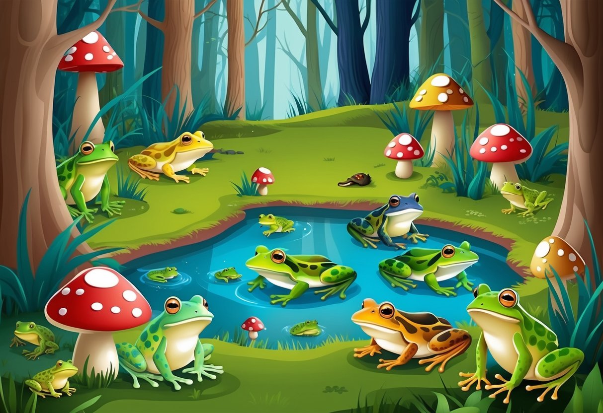 A whimsical forest clearing with a pond, surrounded by colorful toadstools and inhabited by a variety of frogs and toads