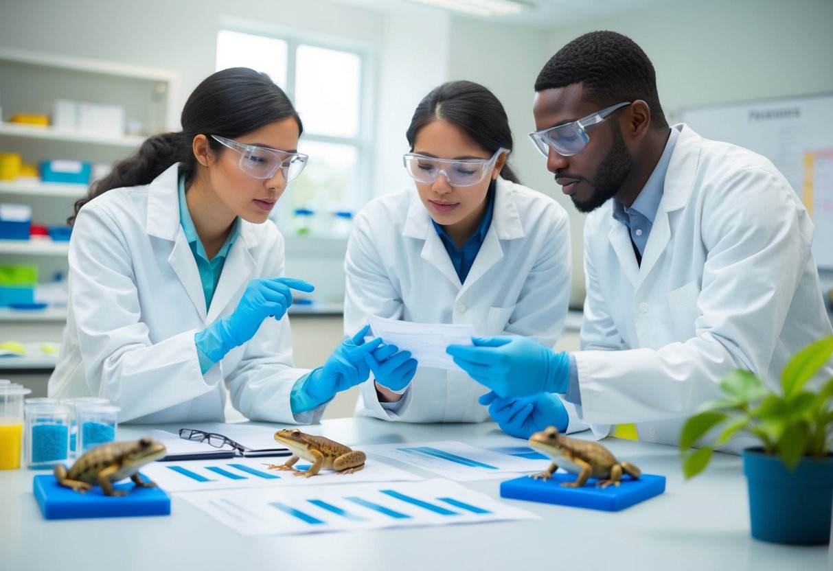 Amphibian scientists discussing research findings in a lab with charts, graphs, and specimens on display