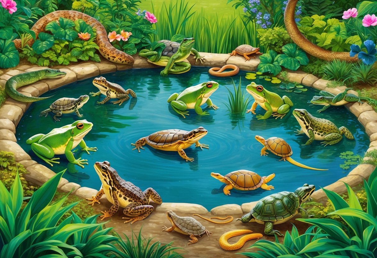 Amphibians and reptiles gather around a lush pond, surrounded by vibrant greenery and blooming flowers. The water teems with life as frogs, turtles, and snakes bask in the sun