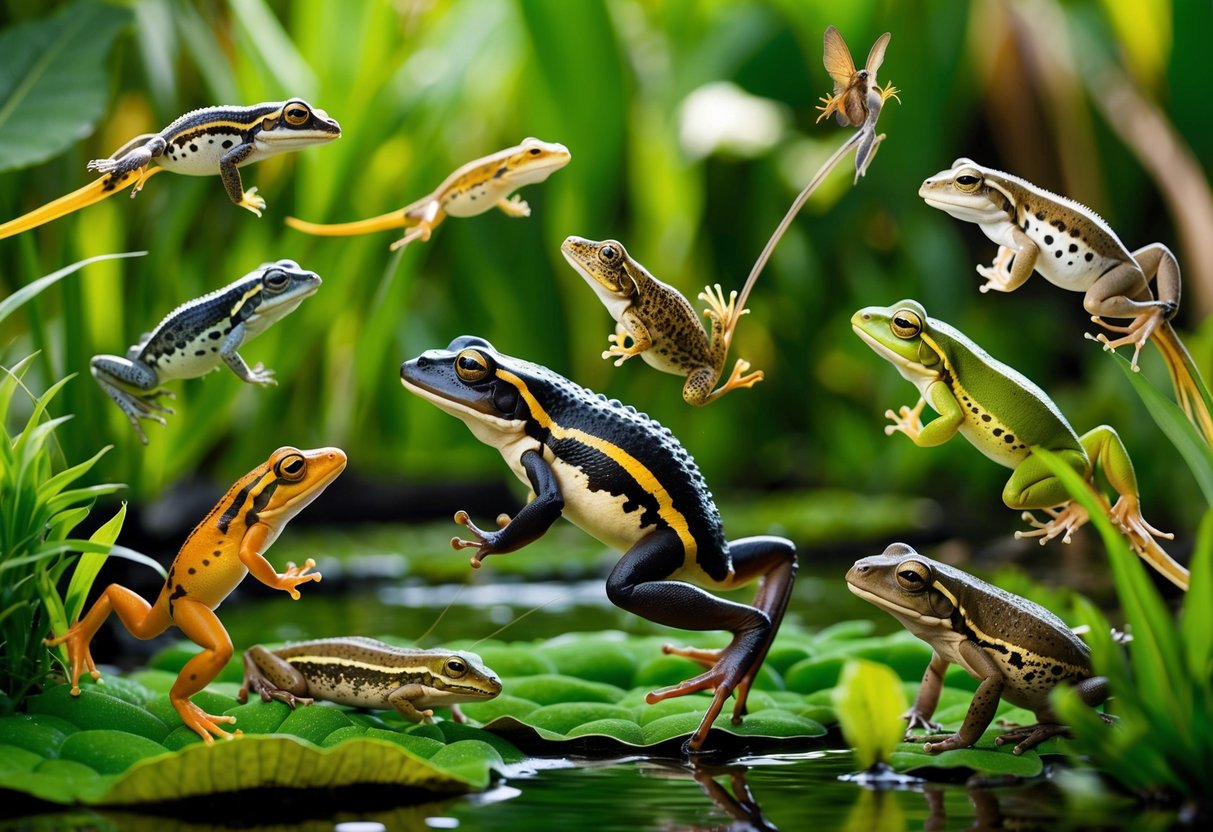 Amphibians in natural habitat, exhibiting various behaviors like swimming, leaping, and hunting. The scene includes lush vegetation, water bodies, and diverse species