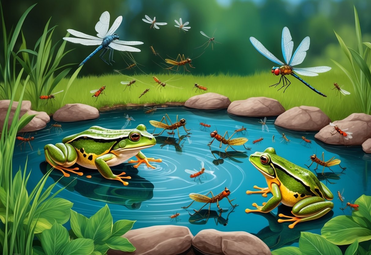 Aquatic insects swarm around a frog pond, while dragonflies and birds hover nearby
