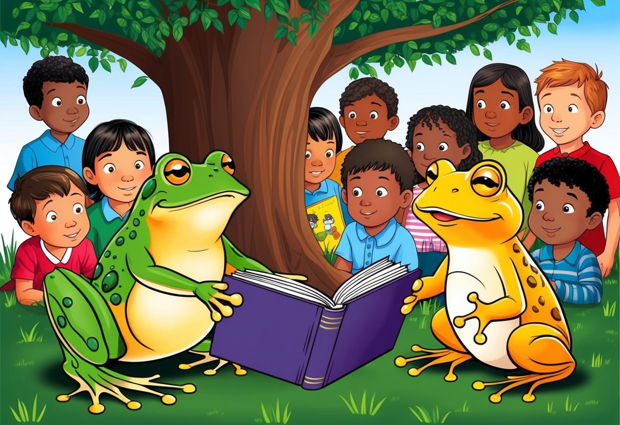 Frog and Toad reading books under a tree, surrounded by children and animals listening intently