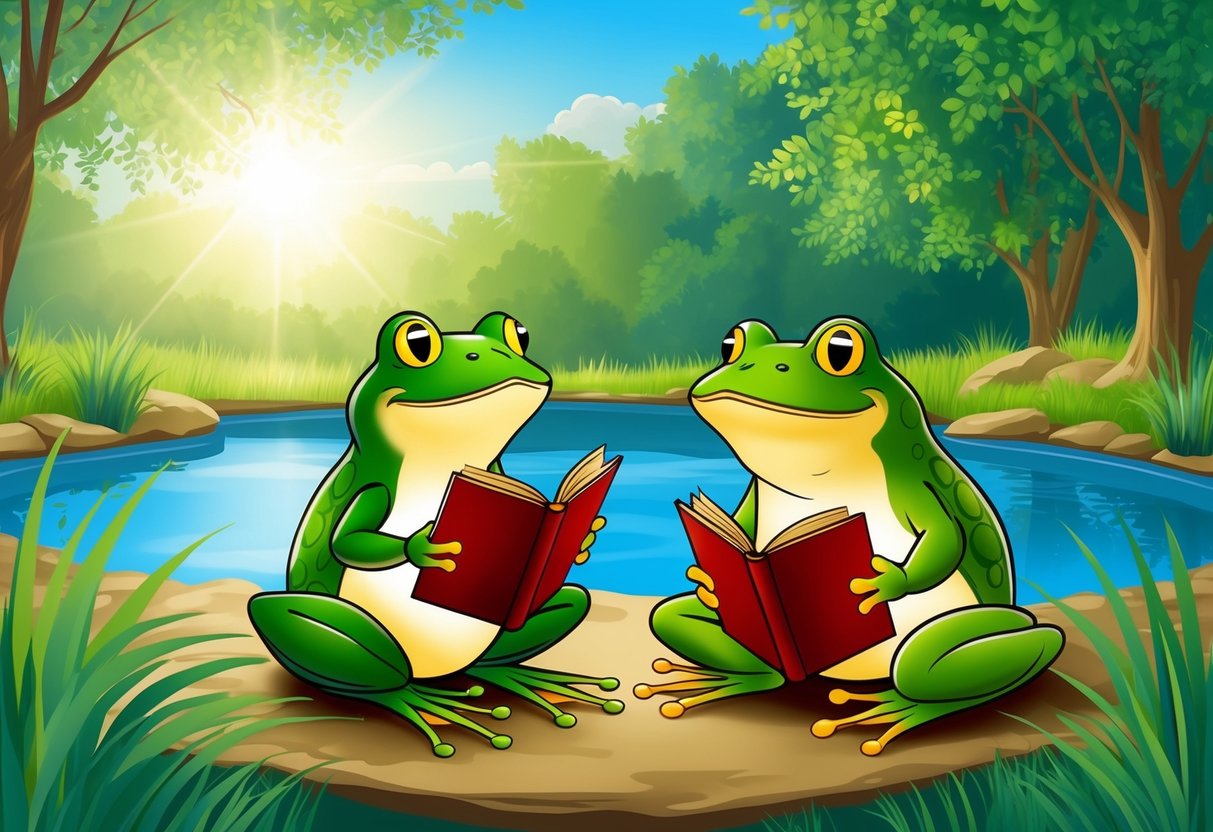 Frog and Toad sit by a pond, reading books together. The sun shines through the trees as they discuss their favorite stories
