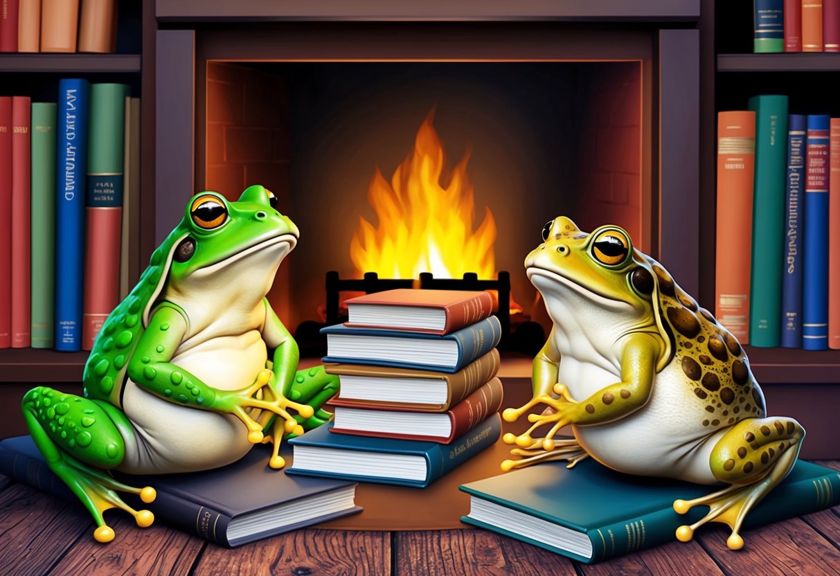 Frog and Toad sitting by a cozy fireplace, surrounded by books and a stack of frequently asked questions