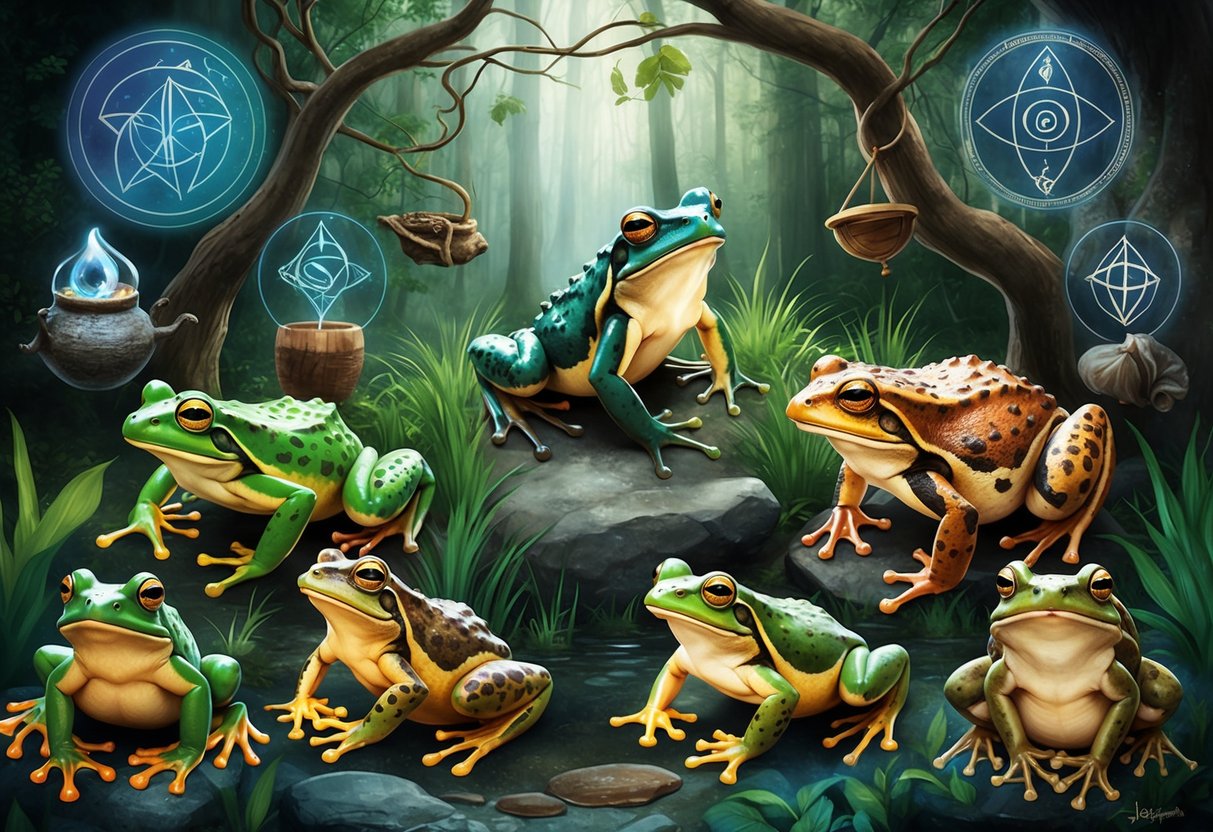 Frogs and toads displaying natural behaviors in a forest setting, surrounded by mystical symbols and objects representing magical beliefs
