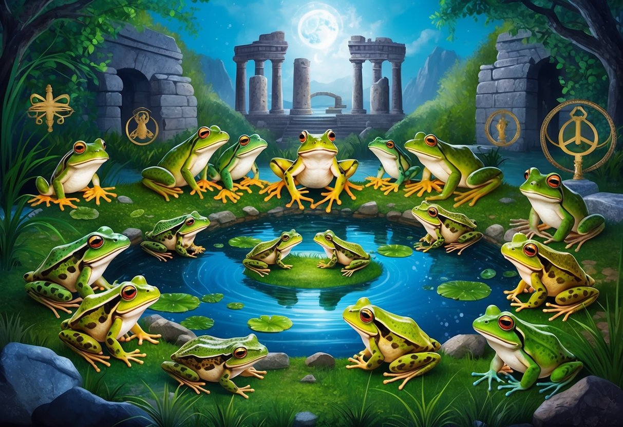 Frogs and toads gathered around a mystical pond, surrounded by ancient ruins and symbols of folklore