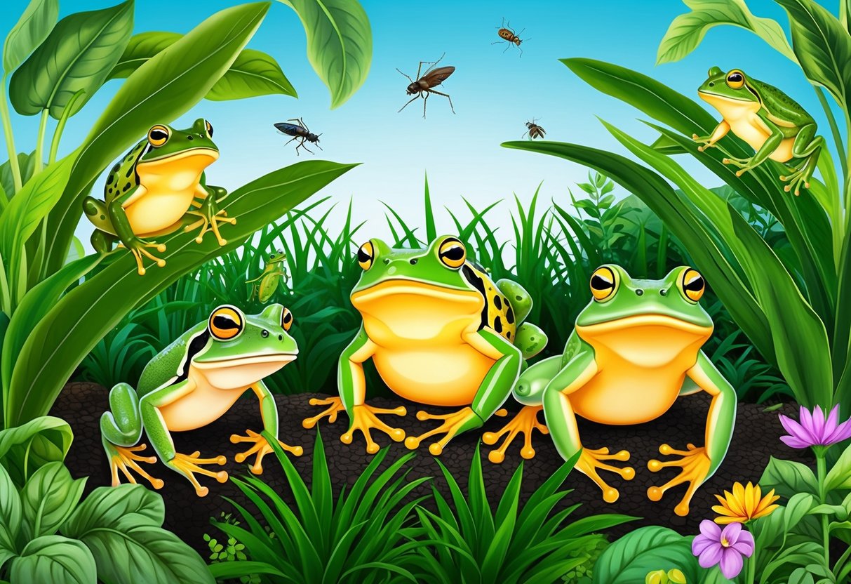 Frogs and toads hop among lush green plants, catching insects and keeping the garden in balance. Their croaks echo through the vibrant ecosystem