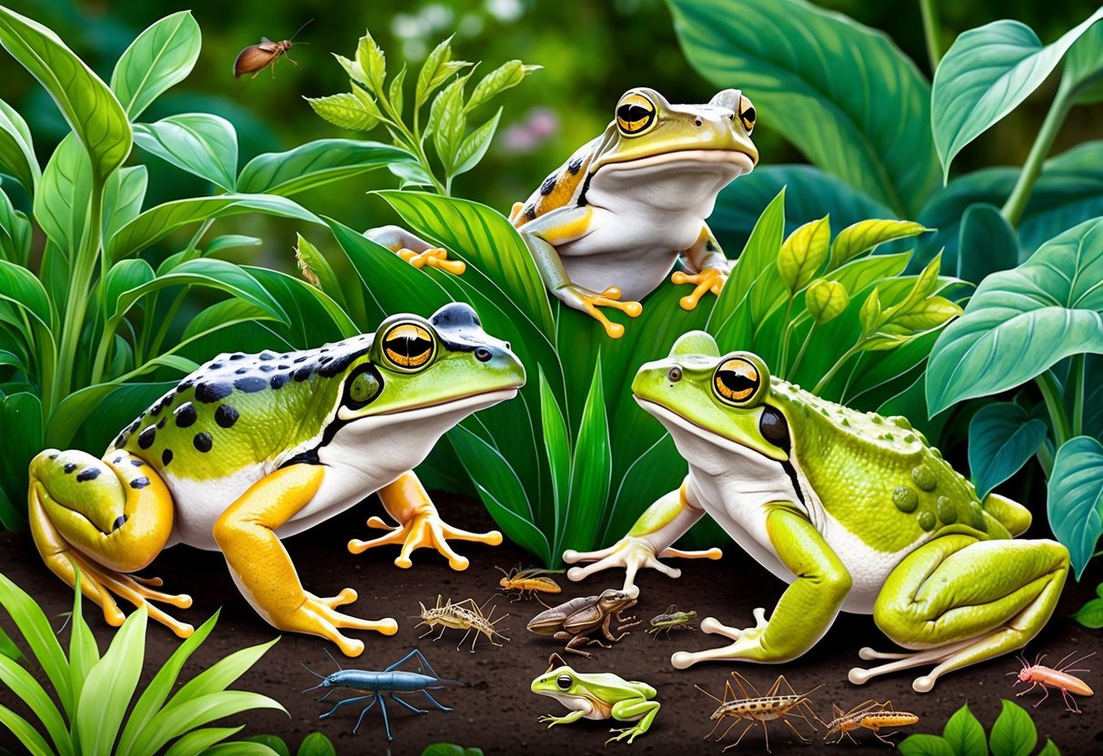 Frogs and toads hopping among lush garden plants, feasting on insects and pests, contributing to a healthy and thriving ecosystem