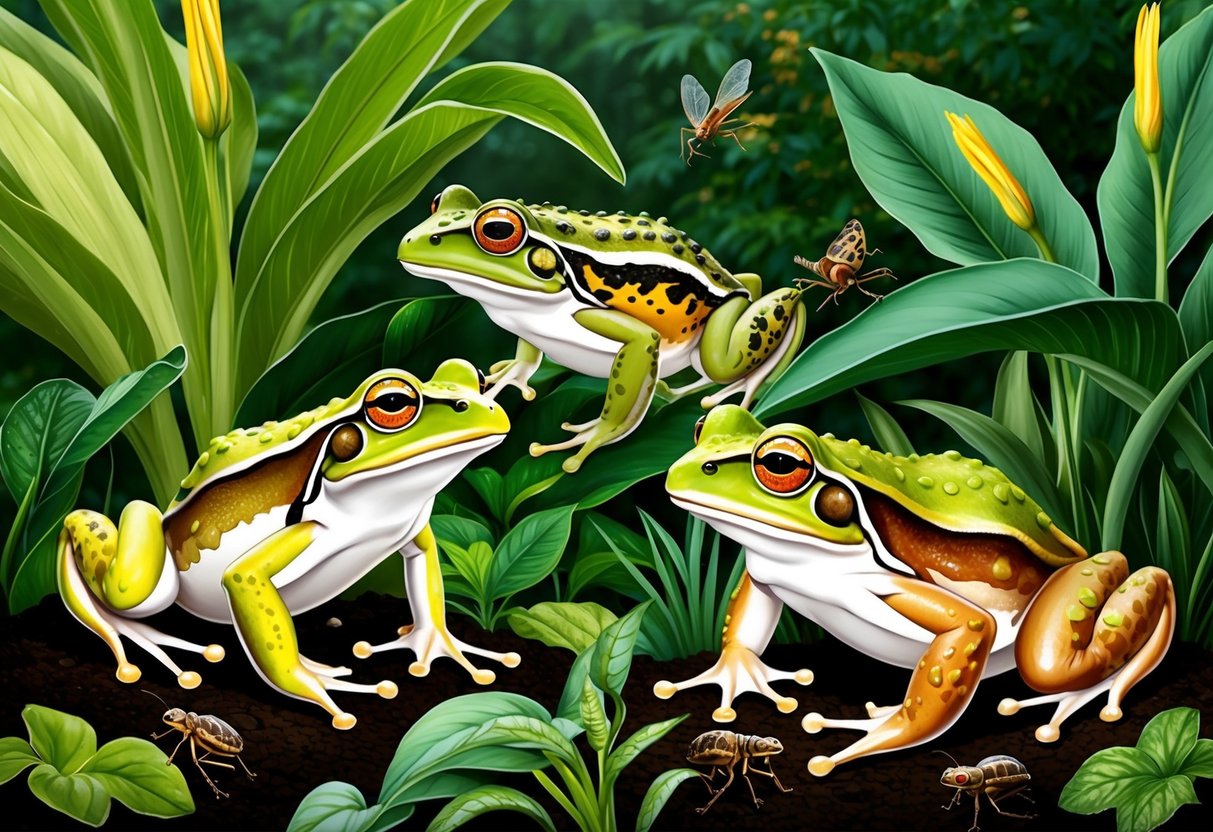 Frogs and toads hopping among lush green plants, feasting on insects and keeping the garden free of pests