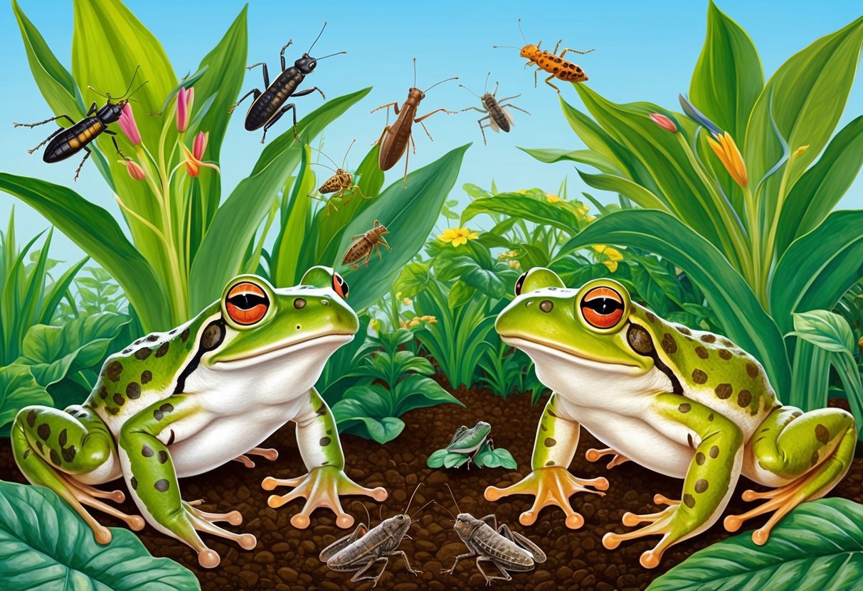 Frogs and toads hopping among vibrant garden plants, catching insects and keeping the ecosystem in balance