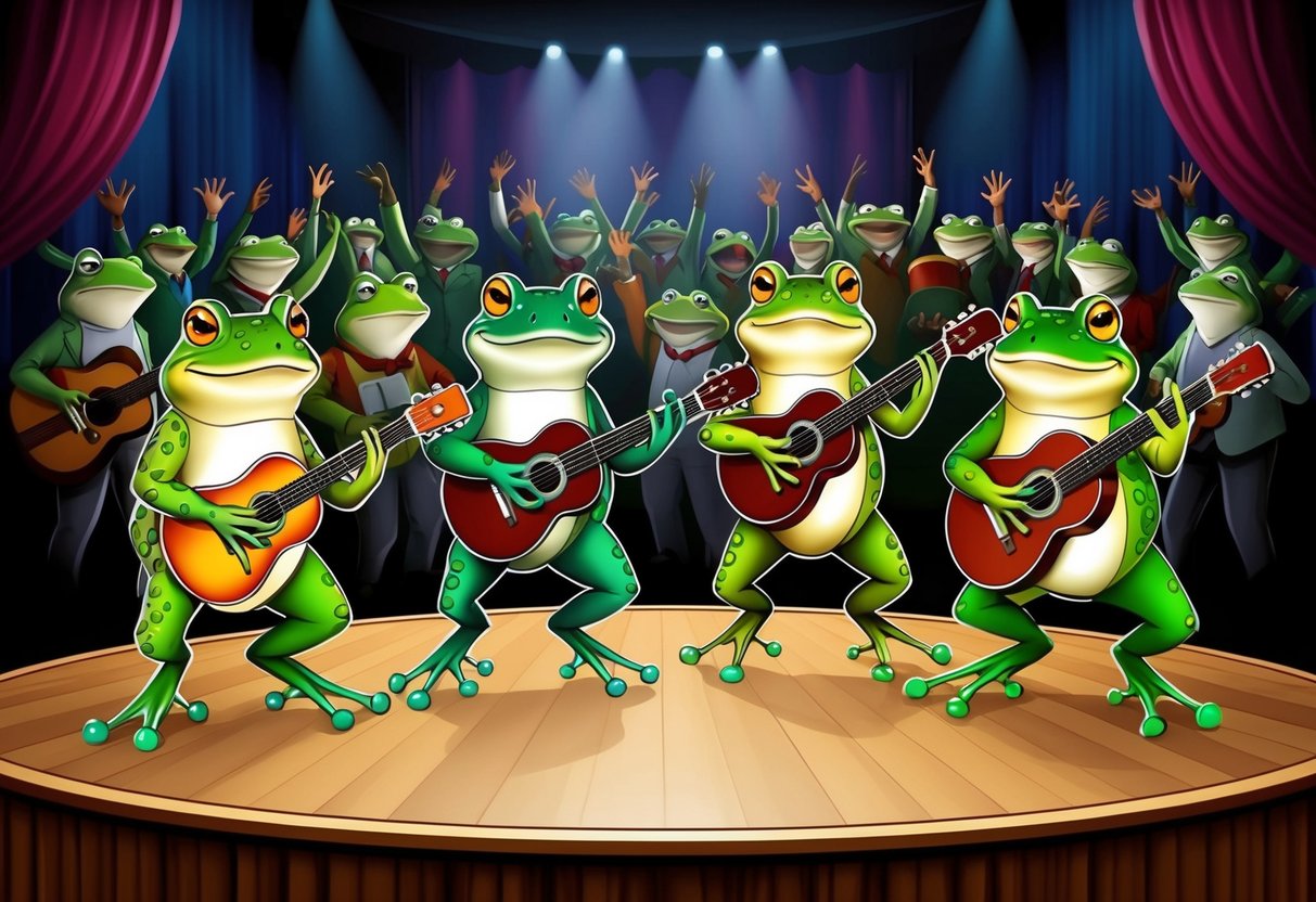Frogs and toads playing musical instruments on a stage in front of a cheering audience