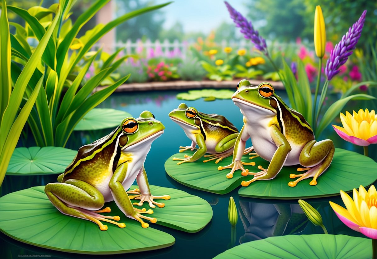 Frogs and toads sitting on lily pads, surrounded by vibrant green plants and colorful flowers, with a serene garden in the background