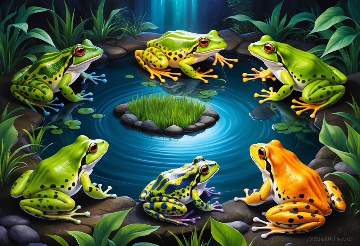Frogs and toads surround a mystical pond, their vibrant colors and patterns reflecting the ancient mythology they are intertwined with