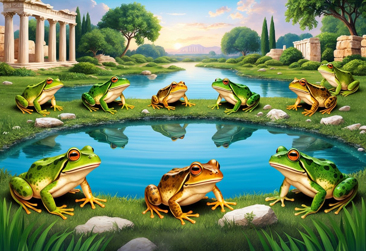 Frogs and toads surround a serene pond, their croaks echoing through the ancient Greek and Roman landscape