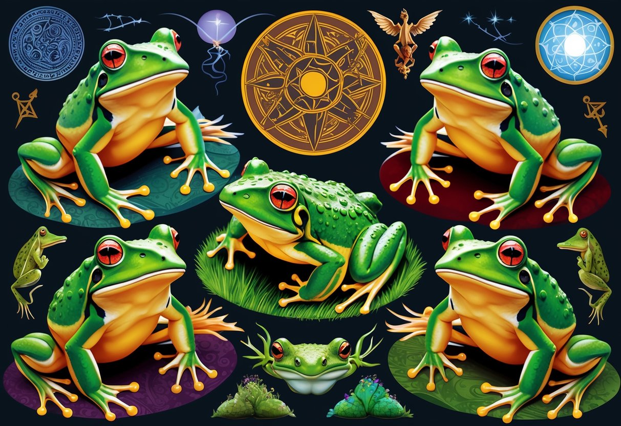 Frogs and toads surrounded by diverse cultural symbols and magical elements
