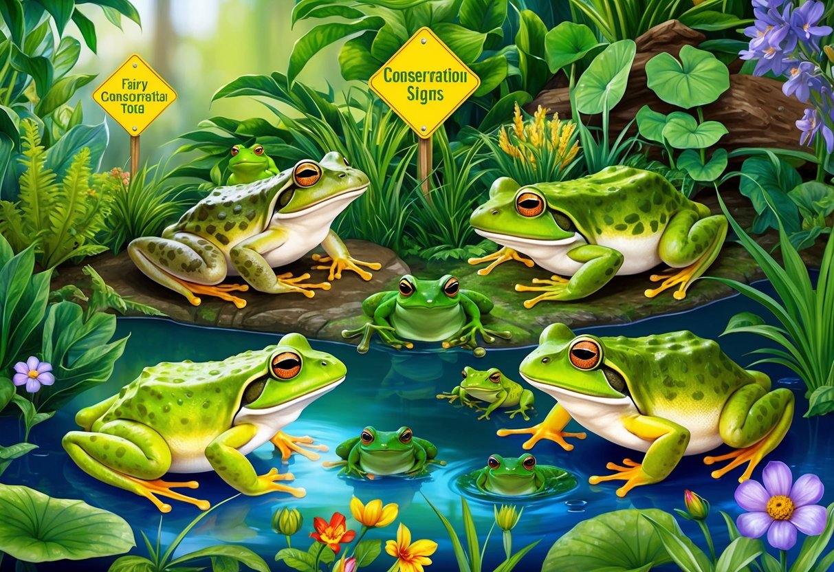 Frogs and toads surrounded by lush vegetation, water, and colorful flowers, with conservation signs and fairy tale elements scattered throughout